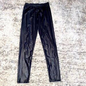 Black, shiny stretch pants